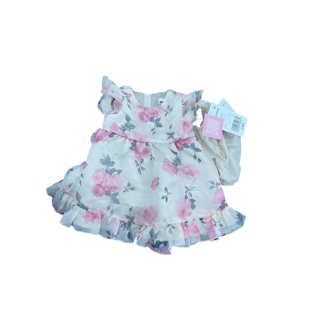 Rare Editions Baby Girls Pink Rose Floral Organza Dress Set 12M Taupe Y2K Style‎